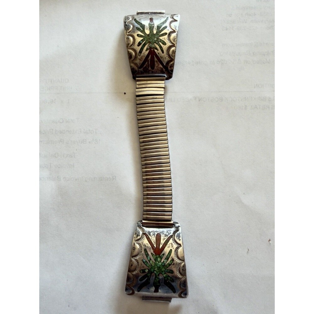 Vintage Signed DON Navajo Indian Watch Band Turquoise & Coral Inlay